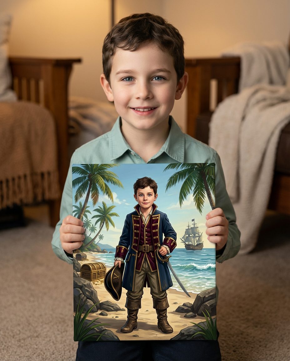 Happy child holding colorful personalized canvas