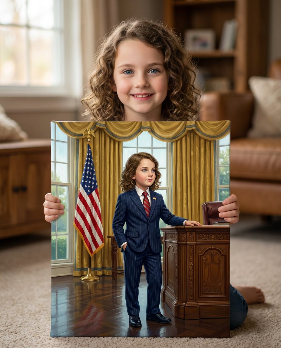 Happy child holding superhero canvas art