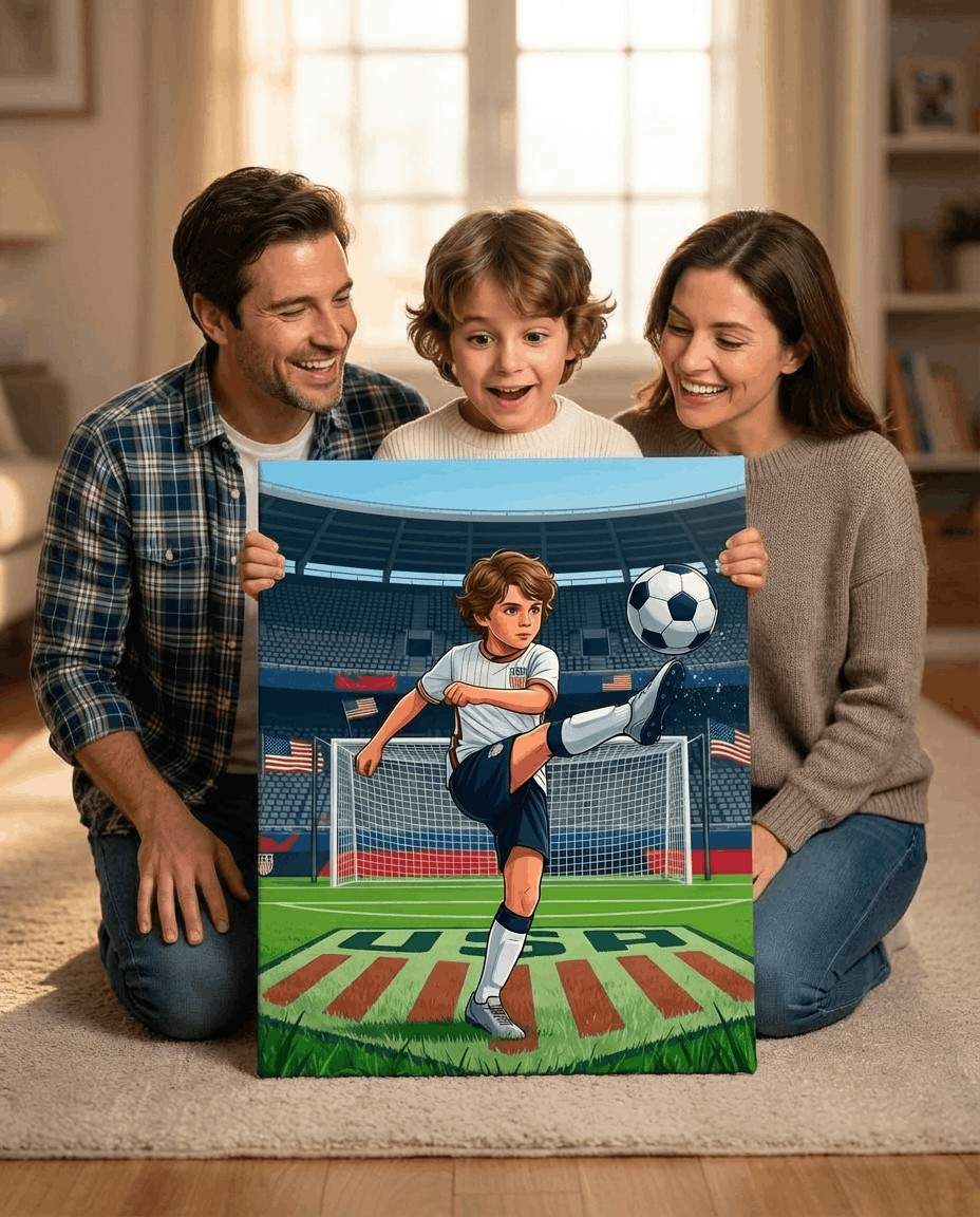 Kid holding sports themed personalized canvas